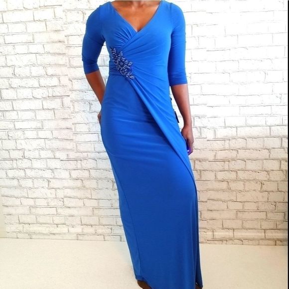 💥HP💥Blue Jewel Faux Wrap evening dress
